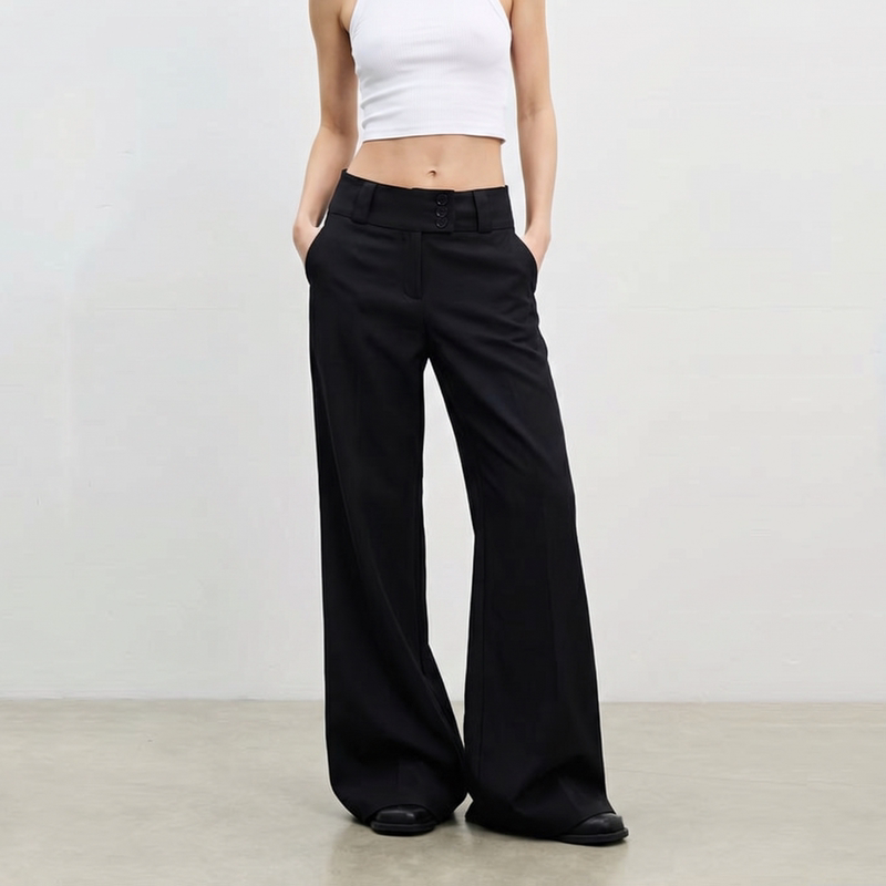 180cm Tall, 175cm Extended Length, Black Flared Suit Pants for Women, Low-Waist Button Design, Low-Waist Casual Flared Pants