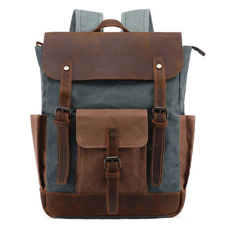 Chiguxi Men's Pack UK Wind College Bookbag Anti-fouling Wax Canvas with Leather Double Shoulder Pack Travel Pack