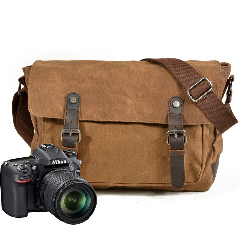 Qigusi waterproof single-eye camera bag retro oil wax canvas wear-resistant shoulder bag outdoor leisure travel messenger bag