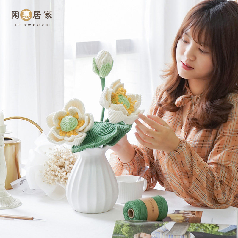 Leisure Home Handmade Lotus Emulation Flower Handmade Diy Flowers Woven Material Bag Living-room Decorated With Bouquet Fake Flowers