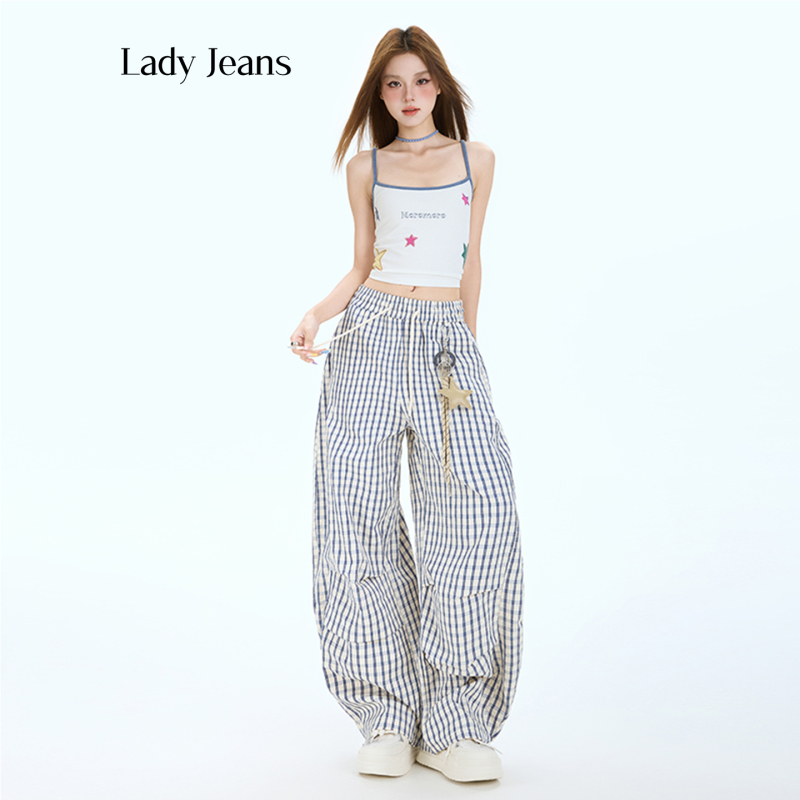 Lady Jaens Star Pendant Lazy Style Blue Plaid Curved Pants Women's New Drapey Wide-Leg Casual Pants