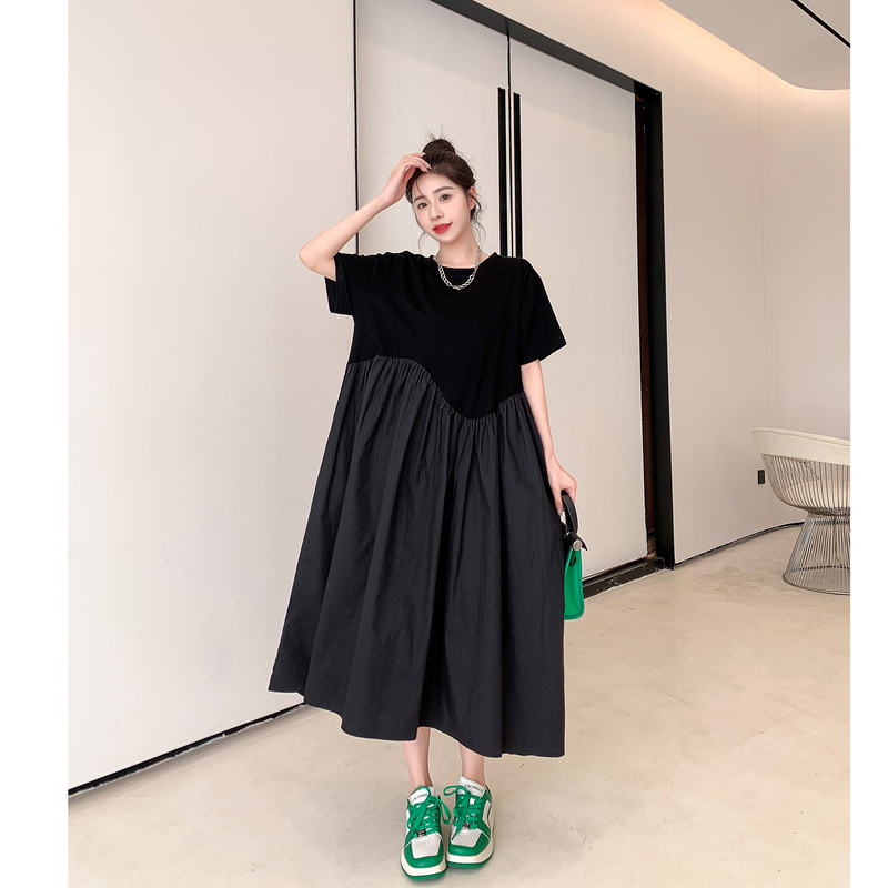 Black Loose Plus-Size Dress for Pregnant Women, A-Line Belly-Covering Babydoll Dress, 100kg Design T-Shirt Dress, Easy to Wear, Thin