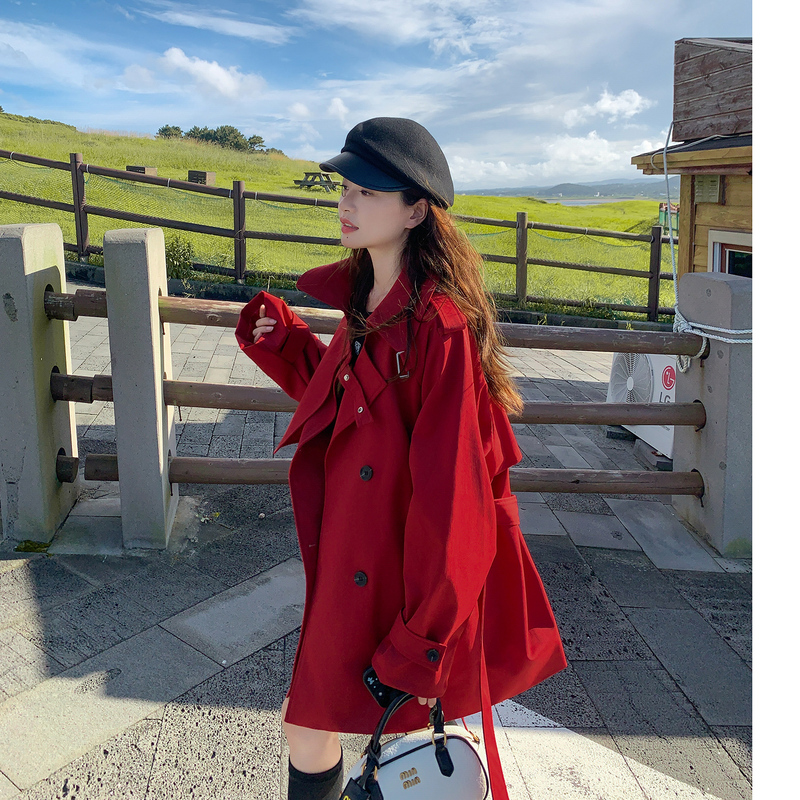 Red Wedding and Engagement Toast Dress, Loose Fit, Plus Size, Petite, Short Trench Coat, Spring and Autumn Top, Festive and Trendy