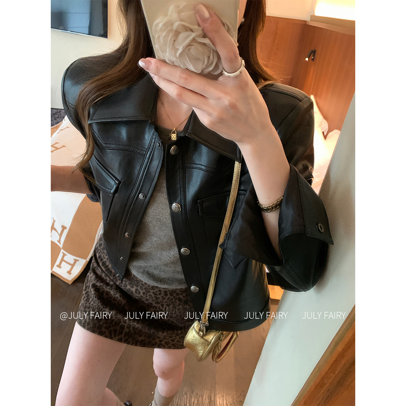 July Fairy Black Shoulder-Length Leather Jacket, New Autumn Vintage Heavy-Duty Pu Leather Jacket, Slimming Jacket July Fairy Black Shoulder-Length Leather Jacket, New Autumn Vintage Heavy-Duty Pu Leather Jacket, Slimming Jacket