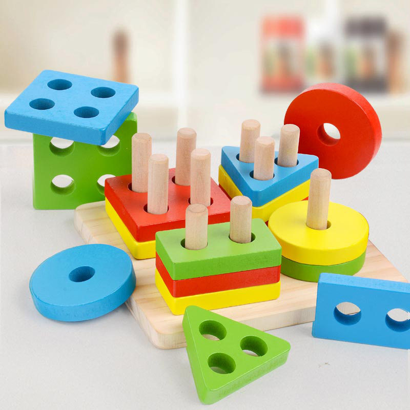 Wooden pills Early teaching aids Children's thinking geometric shapes paired with four sets of columns Wooden Toy Babies Puzzle play