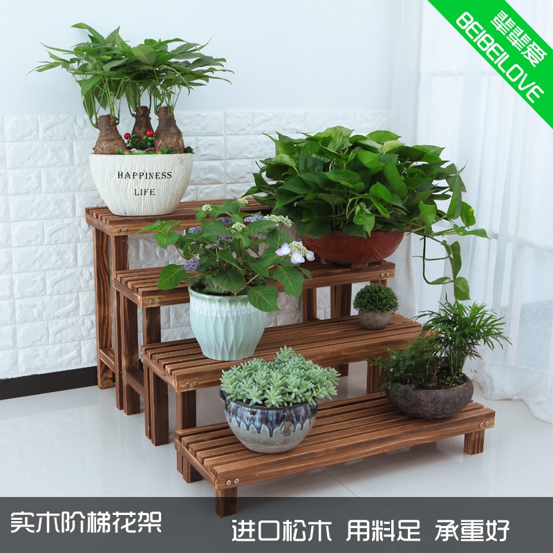 Outdoor anti-corrosive solid wood quality multilayer floor flower shelf indoor balcony multi-meat gold Ge frame stepped shelf