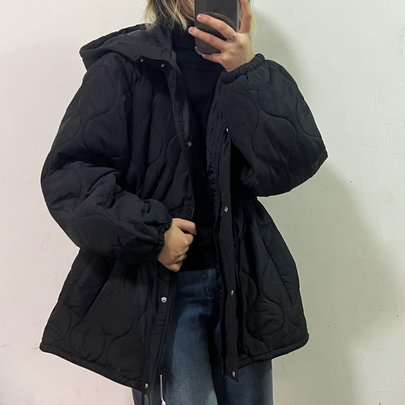 Dali Original Order Quilted Hooded Jacket with Drawstring Waist, Lantern Sleeves, Loose Fit, Oversized Autumn and Winter Cotton Coat