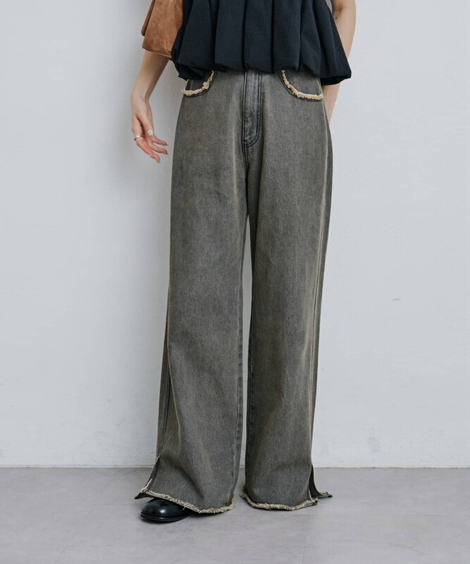 That's It, Here It Is. Japanese Style Kas Distressed Raw Hem Denim Slit Wide-Leg Casual Pants