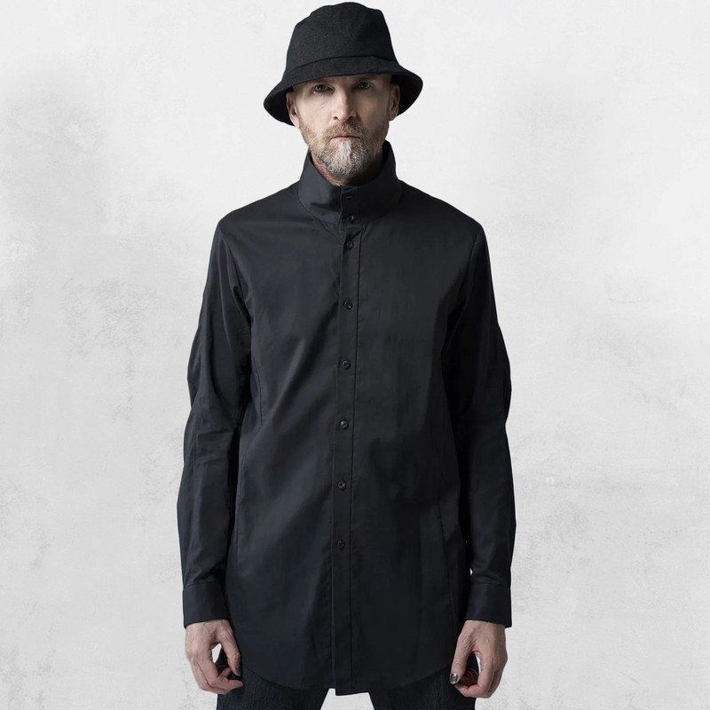 Gaostudios Black High-Neck Deconstructed Shirt for Men, Loose Fit, Slimming, Dark Style, Streetwear, Japanese Retro Thick Shirt