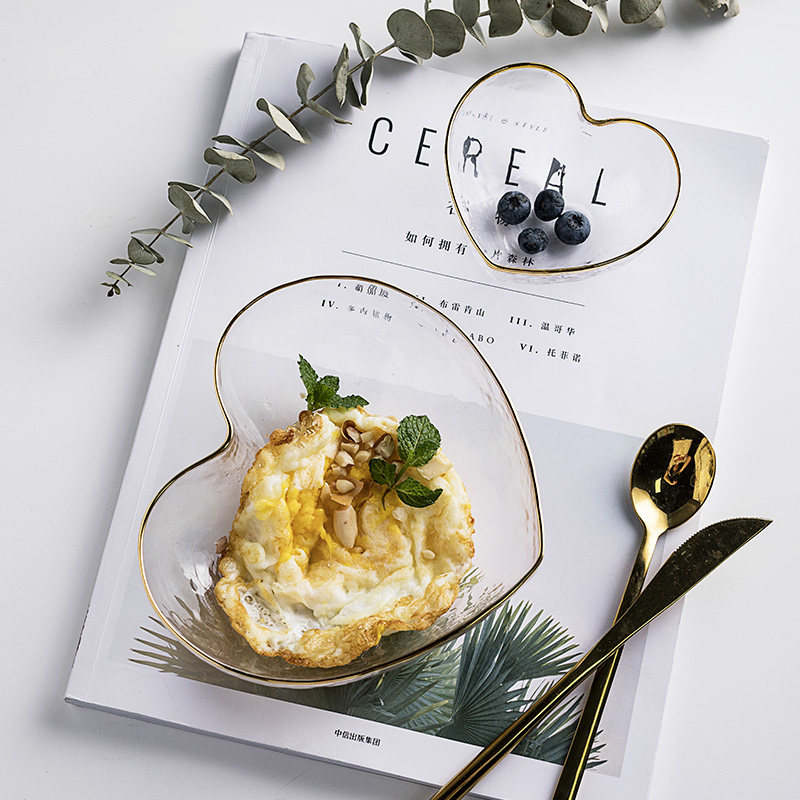 Love glass bowl heart-shaped cup ins golden edge hammer pattern cute salad bowl net red creative transparent fruit dessert bowl