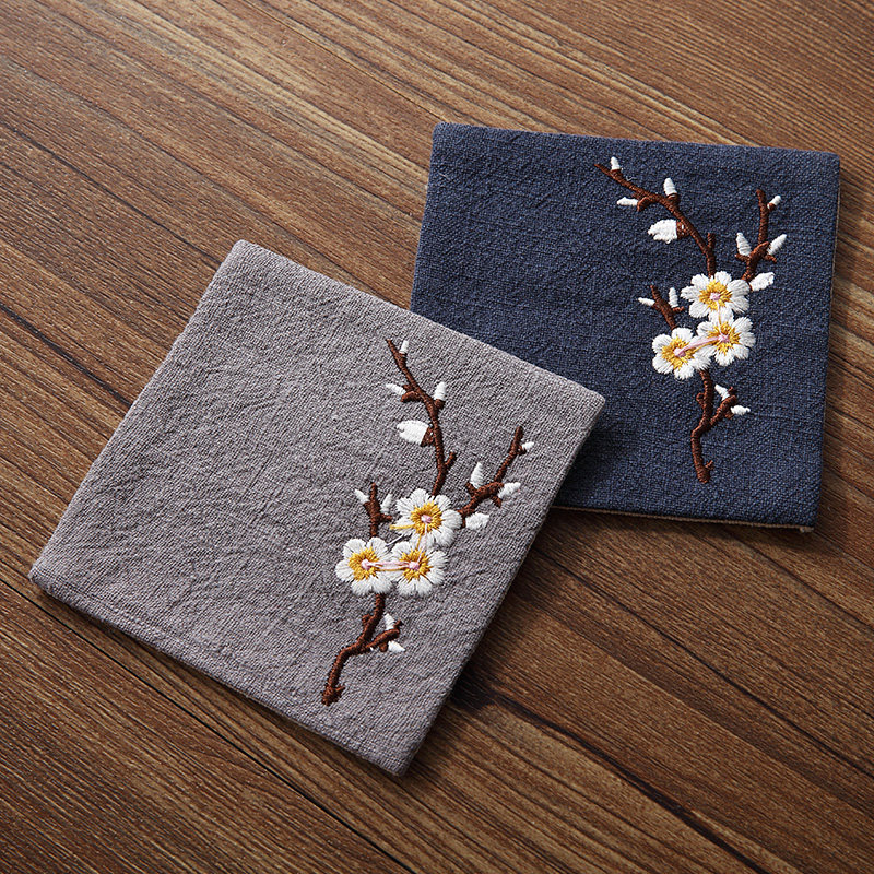 Chinese double layer cotton linen embroidery cup cushion creative cloth art cushion simple heat insulation cushion util tea cushion tea tea set