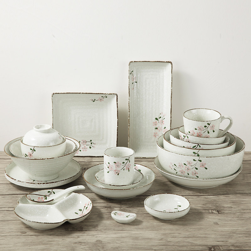 Snow Sakura Japanese ceramic tableware household rice bowl soup bowl instant noodle bowl creative plate long plate disc cup