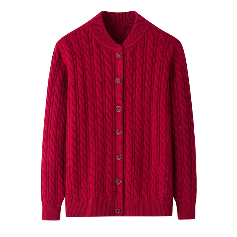 New Autumn and Winter Style for Middle-Aged and Elderly Parents, 100% Wool Twist Knit Thickened Loose Sweater Cardigan with Stand Collar