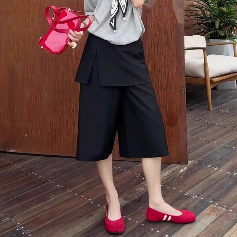 Korean-Style Patchwork Black Skirt-Pants for Women, Summer 2026 New Model, Plus-Size, Slimming, Loose Wide-Leg Pants, Cropped Pants