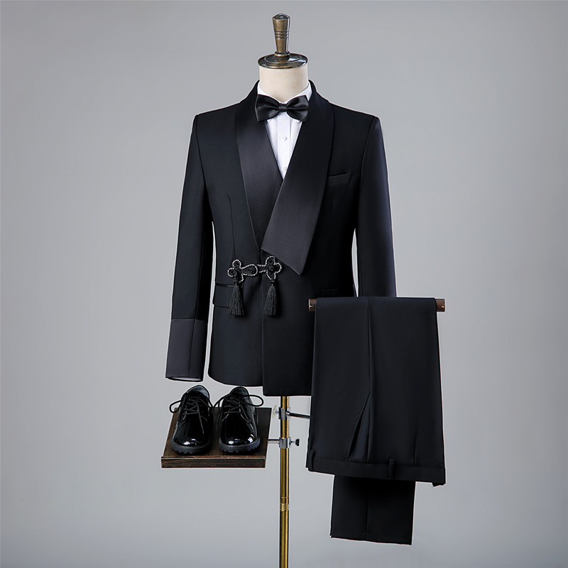 Photo Studio Themed Suit with Button Closure, Men's Formal Wear, Mandarin Collar, Men's New Chinese Style, Photo Shoot, Wedding, Black Suit