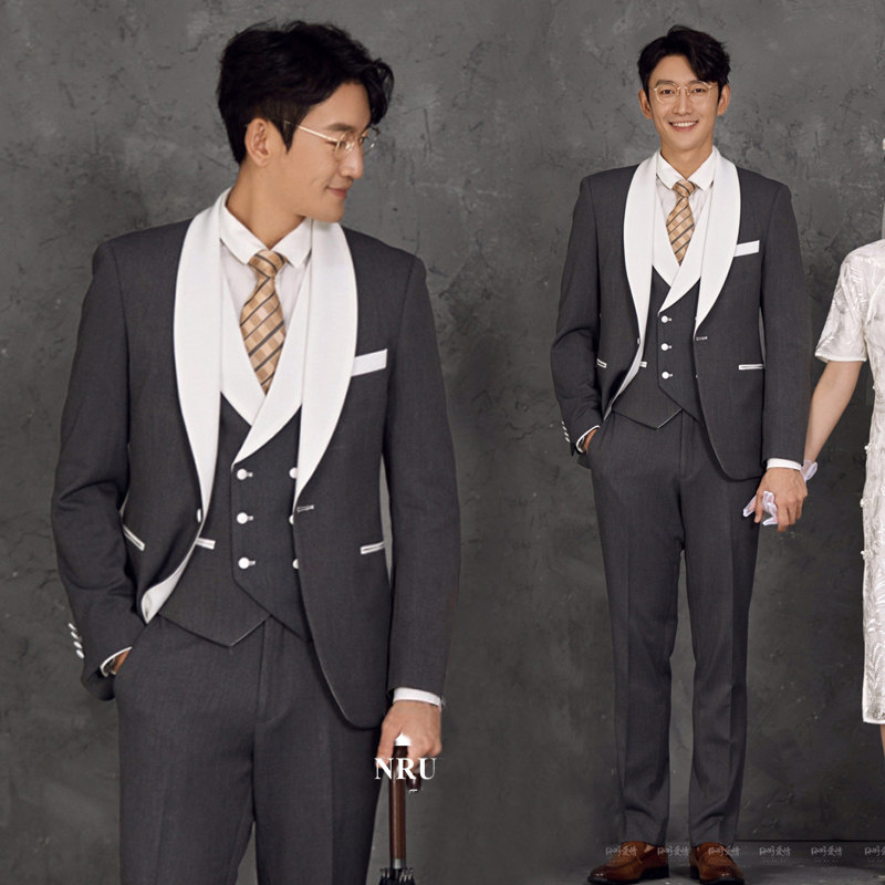 Suit suit Gray photo studio Men's photo men's travel wedding photo Tide brand host dress three-piece suit