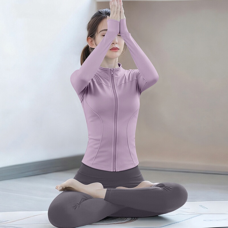 Long-Sleeved Yoga Jacket for Women, Stand-Up Collar, Slim Fit, Thin, Breathable, Professional Running, Pilates, Sports and Fitness Clothing