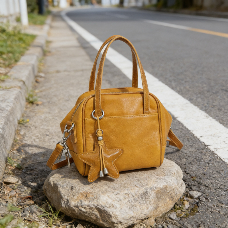 Retro Oil Wax Leather Handbag Niche Design Large Capacity Commuter Women's Bag Lemon Yellow