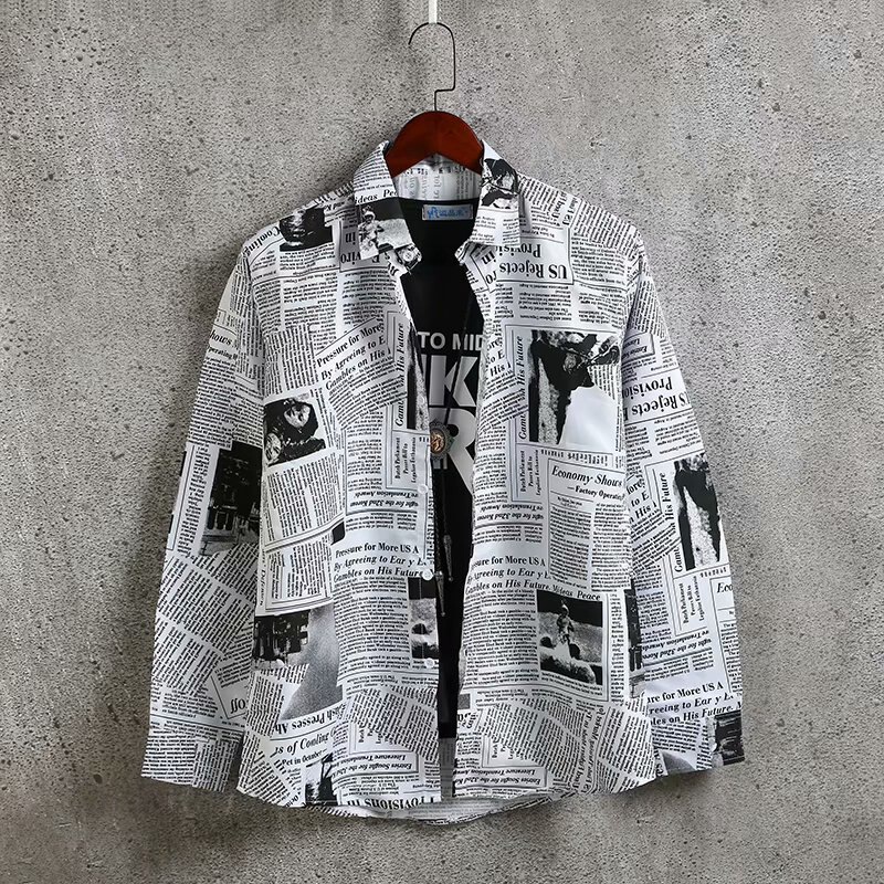Men's Niche Jacket with Trendy Newspaper Print Design, Long-Sleeved Shirt, Loose Hong Kong Style Shirt