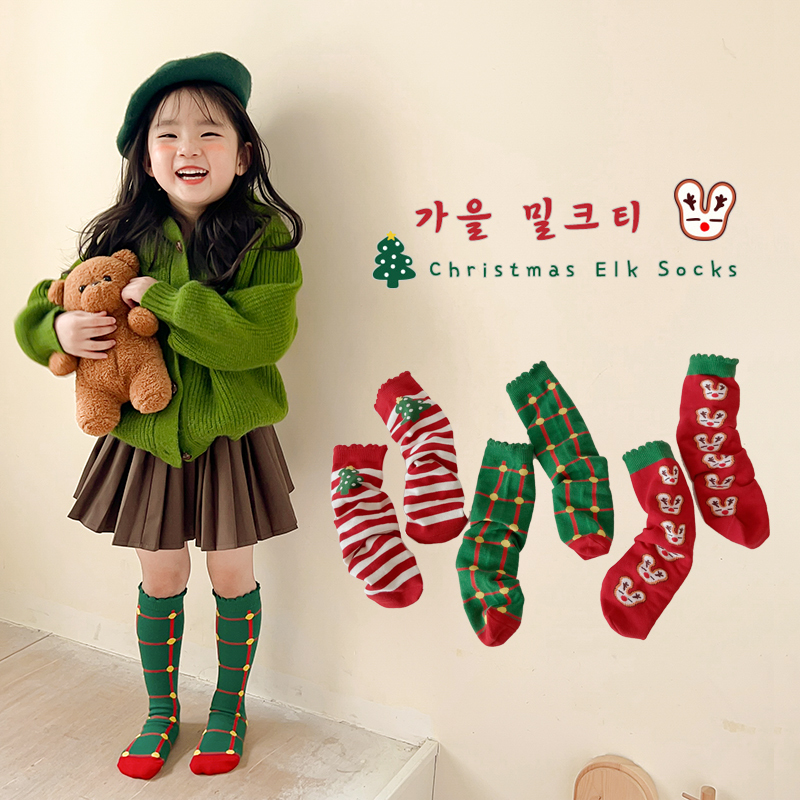 Baby and Toddler Mid-Length Red Socks, Children's New Year Calf-High Socks, Boys and Girls Pure Cotton Christmas Socks
