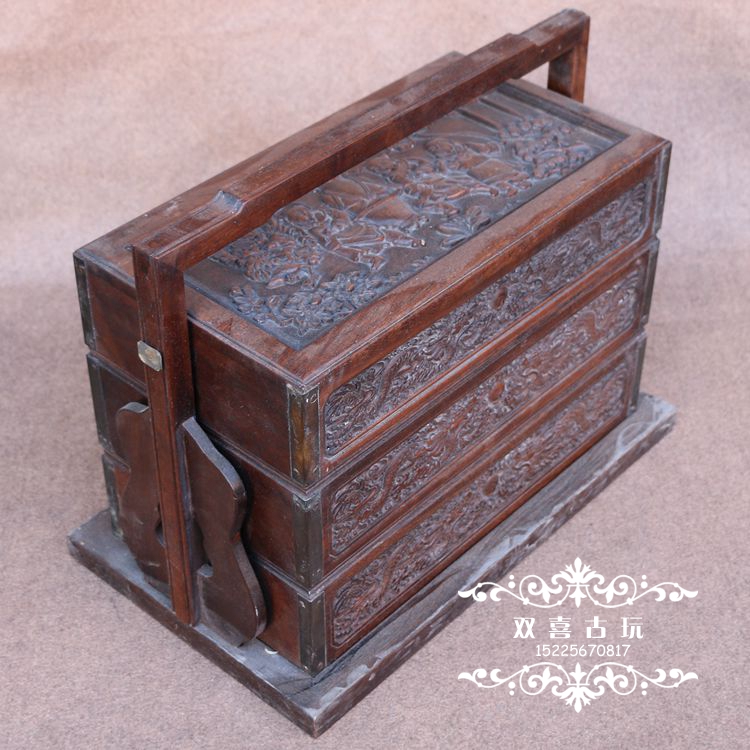 New antique furniture wood art wood carving double dragon play bead baby play hand-held solid wood food box Chinese-style carrying basket multi-layer ornaments