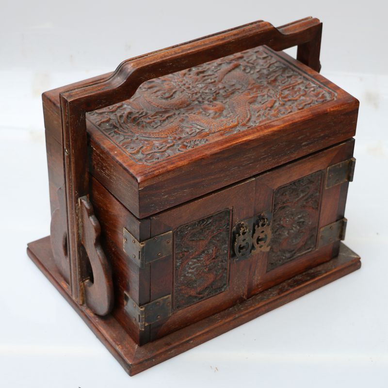 New antique furniture antique wood art wood carving relief Chinese medicine museum ornaments famous doctor solid wood double dragon medicine box trumpet