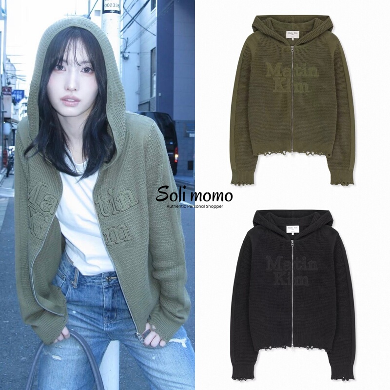Matin Kim, Hirauchi Momoko (平井桃Momo) Same Style, Embroidered Large Logo, Waffle Texture, Zip-Up Knit Hoodie Matin Kim, Hirauchi Momoko (平井桃Momo) Same Style, Embroidered Large Logo, Waffle Texture, Zip-Up Knit Hoodie