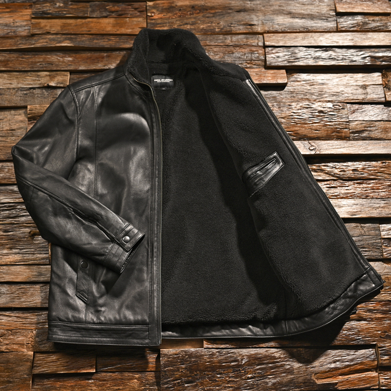 Simple business daddy Haining style men's chrome tanned top layer sheepskin plus velvet jacket genuine leather leather winter coat
