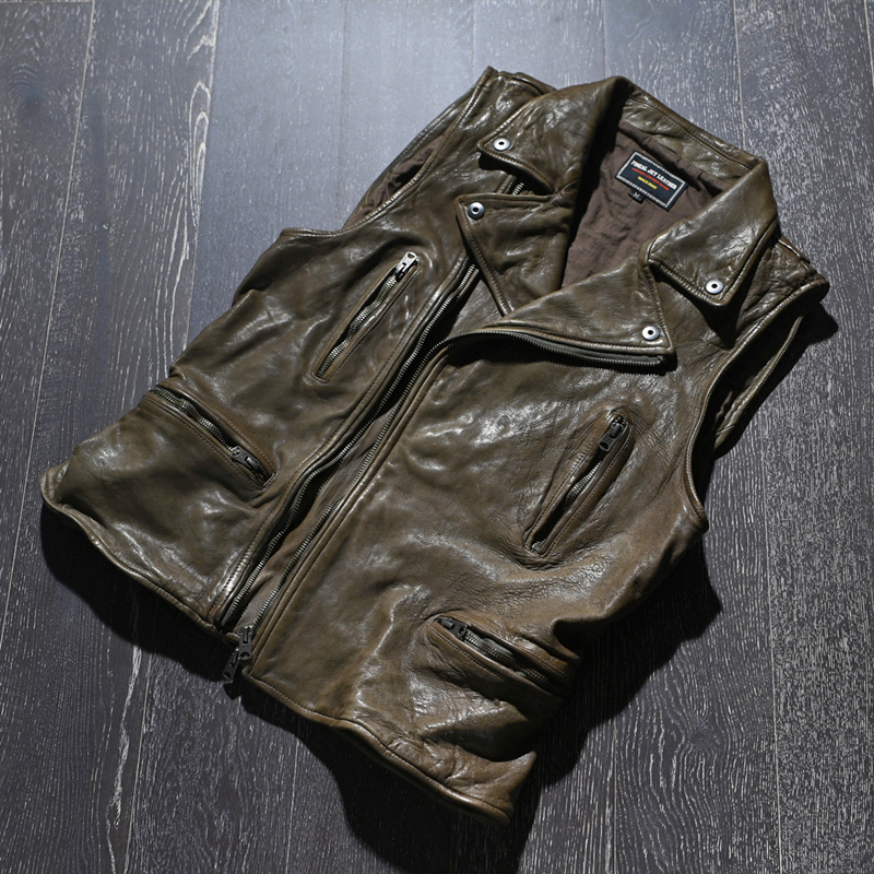 Retro niche men's clothing washed old uncoated full vegetable tanned top layer sheepskin Harley wind vest leather jacket