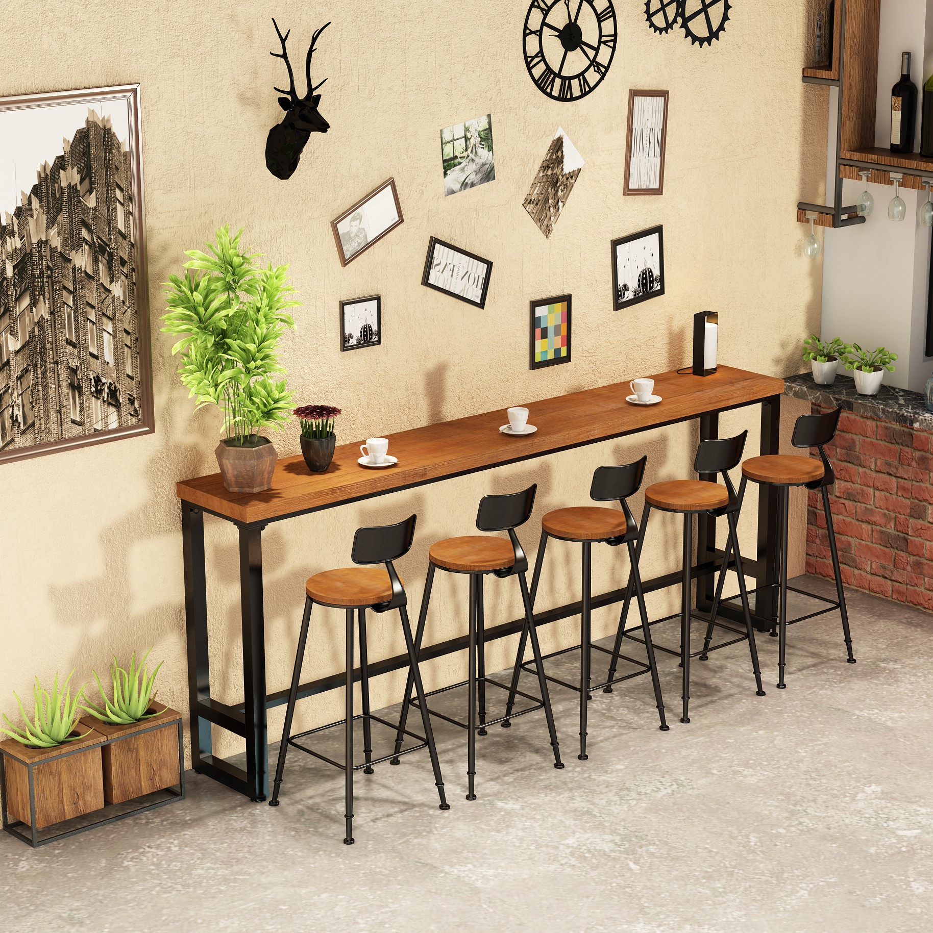 Promotion American solid wood wall bar table Bar chair Bar table Long table Commercial household high foot table and chair combination