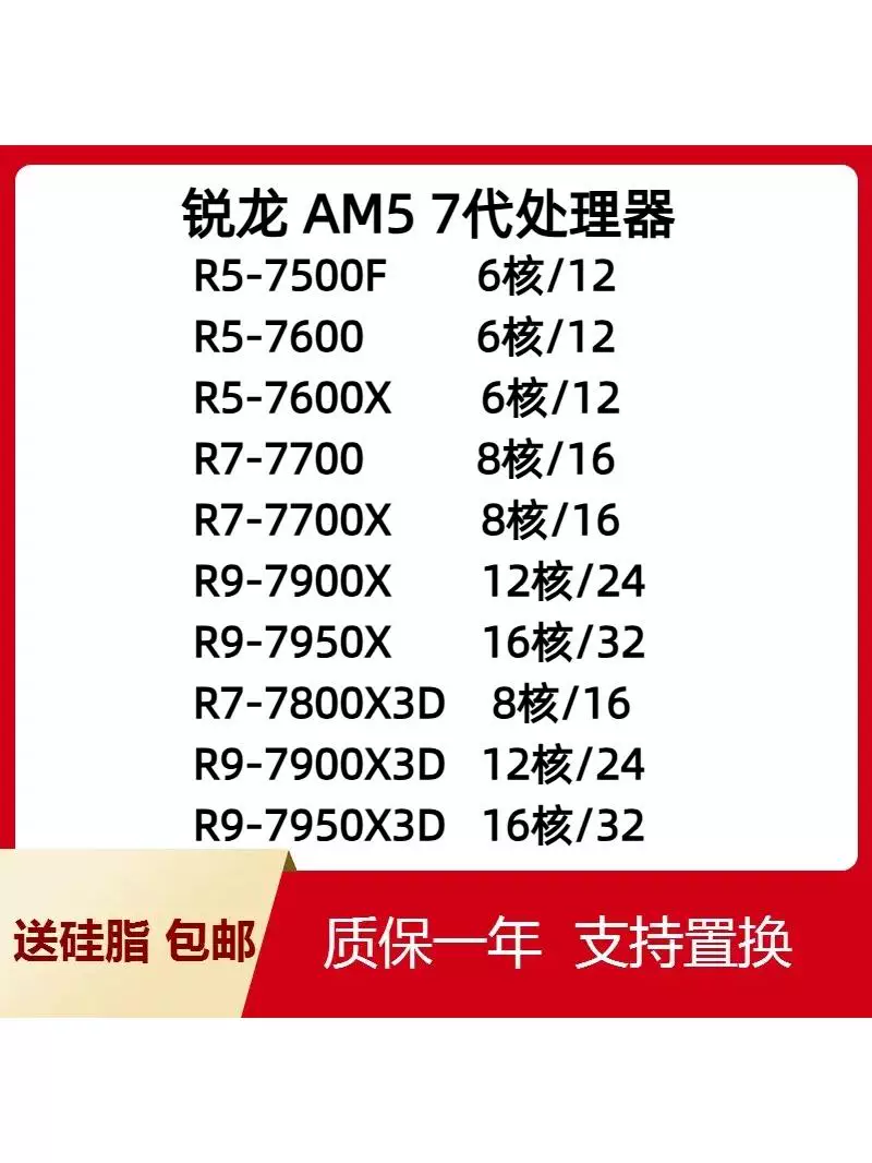 R5 7500F 7600X 7700 7800X 3D r9 7900X 7950x 3d Ryzen AM5 cpu