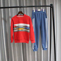 2021 autumn and winter new boy Korean round neck sleeve head plus velvet warm small children printed sweater two-piece set