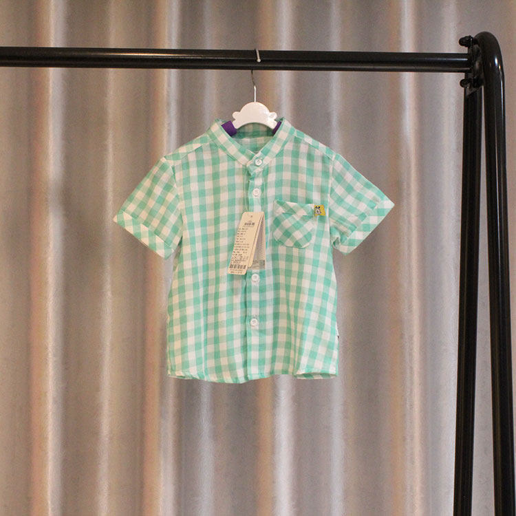 Brand Discount Babu Summer Boys Linen Cotton Soft buckle Top Baby Short sleeve Plaid Stand collar Shirt