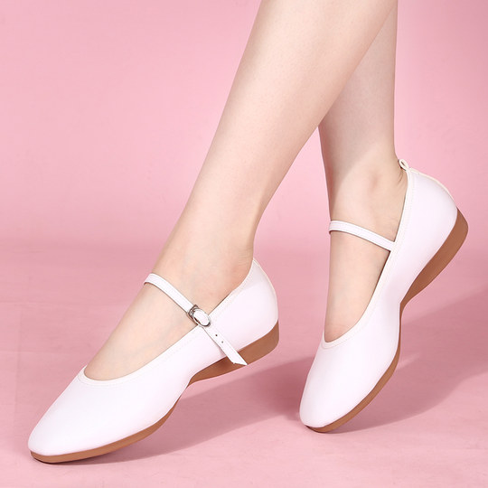 Zapatos de baile cuadrados para madre de cuero genuino con suela plana, zapatos de suela blanda para baile, zapatos de cuero de tacón bajo, zapatos de baile blancos y plateados, zapatos de rendimiento