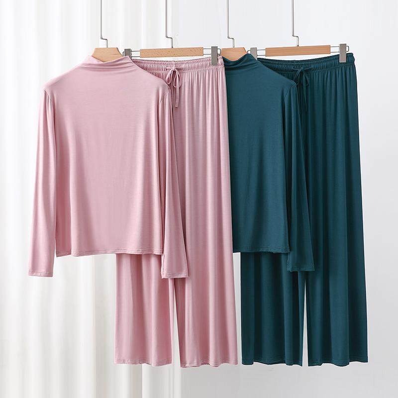 Modal Half Turtleneck Pajamas for Women, Loose Long-Sleeved Wide-Leg Pants, Casual Home Wear Set, Simple and Can Be Worn Outside