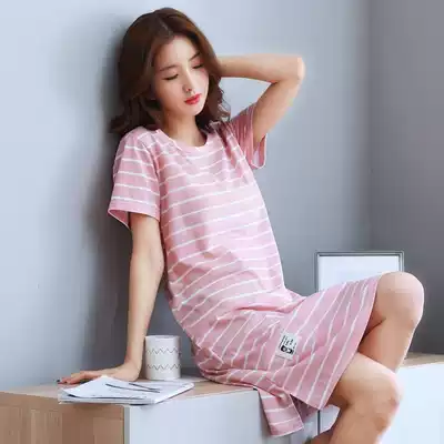 Summer short sleeve cotton nightgown women Summer loose mid-length dress home clothing cotton pajamas stripes plus size