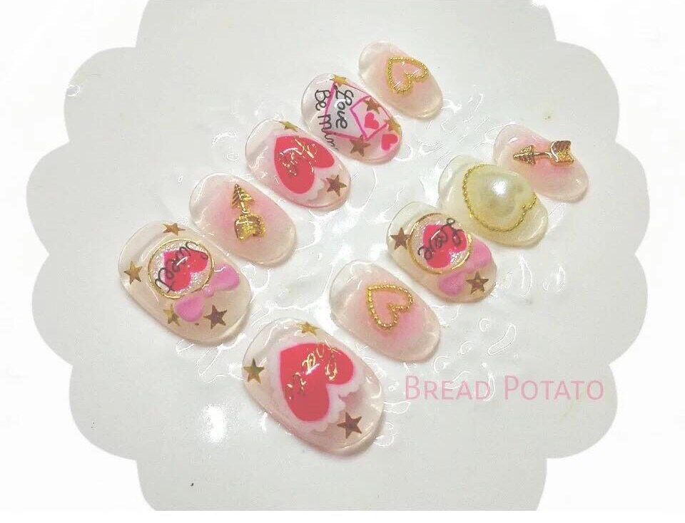 可爱日系光疗美甲成品甲片爱心情书弓箭饰品少女腮红甲短款显白