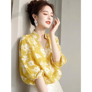 Authentic Gejia New 2026 Summer Fashionable and Youthful Yellow Floral Chiffon Shirt with Five-Quarter Sleeves for Women