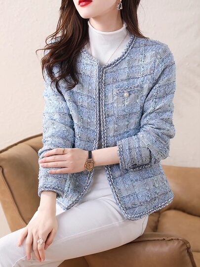 Authentic brother's new 2026 spring and autumn French blue small fragrance style high-end shaggy coat cardigan top for women