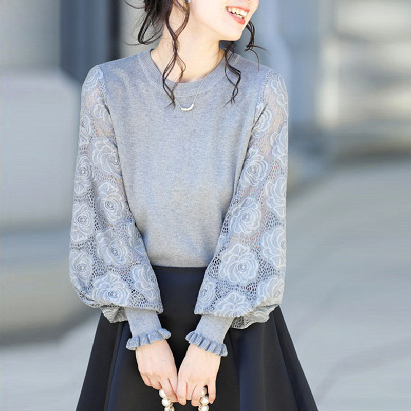Authentic Gejia New 2025 Autumn and Winter Elegant Lace Splicing Lantern Sleeve Round Neck Pullover Knit Sweater for Women