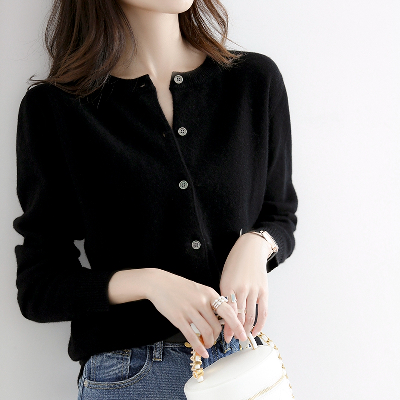 Authentic Gejia New 2026 Spring and Autumn Cashmere Sweater, High-Grade Gray Wool Knit Cardigan, Round Neck Sweater for Women