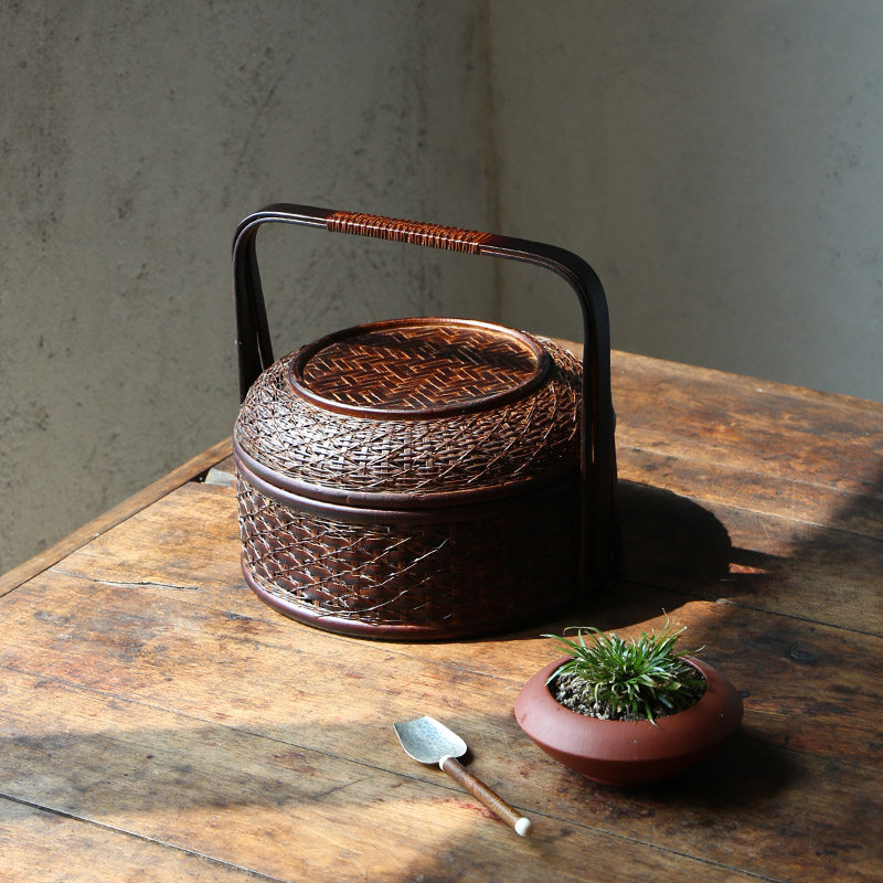 Imitation ancient handmade bamboo lifting basket Monolayer Moon Cake Box Food Box Tea Point Box Containing Basket Putea Cake Cartridges