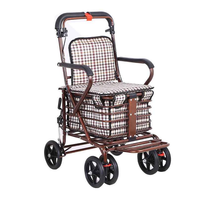 Pushable seat folding cart Elderly adult scooter Four wheels Old food basket trolley portable to buy grocery cart