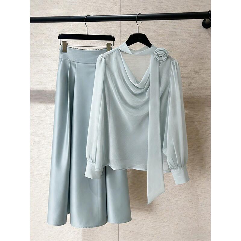 Liwu/Trendy, Beautiful, High-End, Super Pretty, Age-Reducing Light Blue Scoop-Neck Chiffon Shirt and Skirt Set for Women
