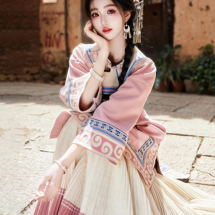 Pink Yi Ethnic Clothing for Women, Cotton and Linen, Heavy Craftsmanship, Ethnic Minority, Dali, Guangxi, Sichuan, Travel Photography, Dance Performance Outfit