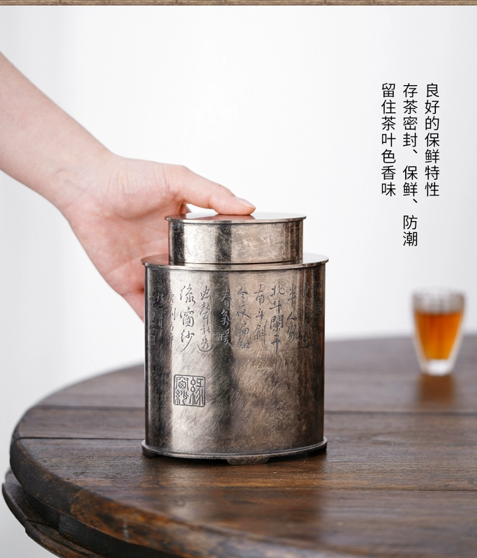 Tác phẩm của bậc thầy Xu Yunyong Junle Tea Ware được chạm khắc bằng tay tại chỗ thiếc rồng cổ điển lon thiếc 99,9% hộp trà thiếc nguyên chất hũ sứ đựng trà