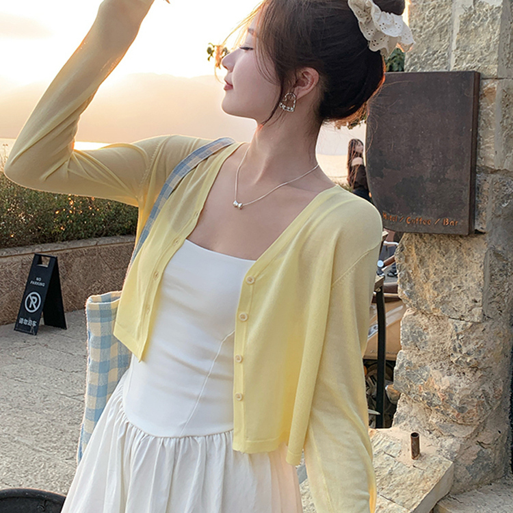 Creamy Yellow Sun-Protective Knitted Women's Summer Outerwear Thin Cardigan Paired with a Camisole Small Jacket Top 2026 New Model