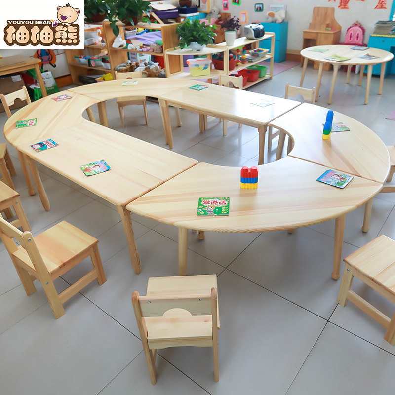Solid Wood Kindergarten Combined Table and Chair Fine Arts Training Course Specifications Table and Chair Children's Game Hand
