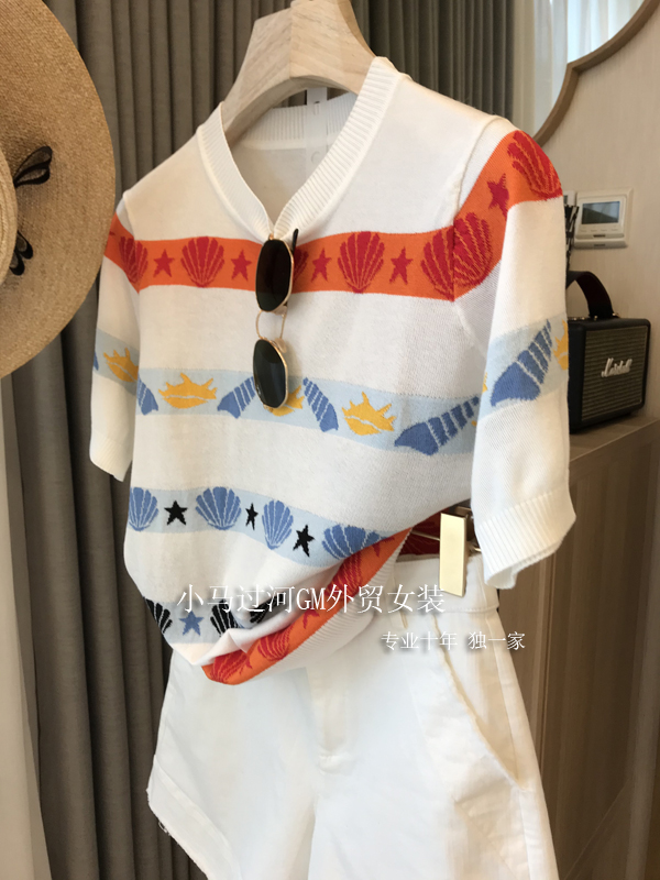 Brand Fold Discount Store Mall Special Cabinet Withdrawal Women's Foreign Trade Clear Cabin Marine Printed Short Sleeve Needles Jersey Blouse Women Summer