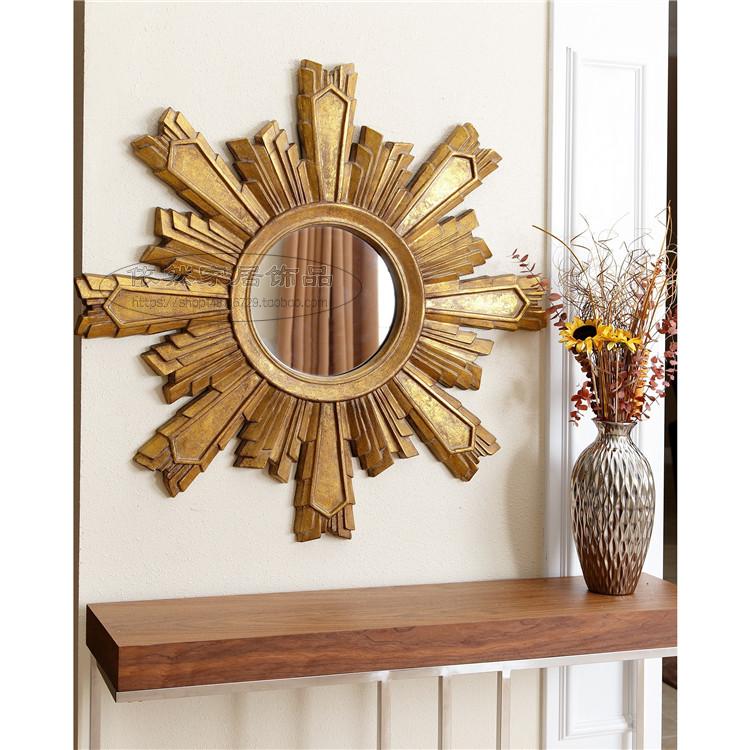 Eurostyle extravaganza antique gold wood sculpted decoration mirror Sun Xuanguan mirror door hall living room wall hanging mirror dining side mirror set to do